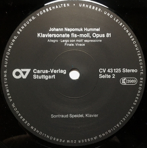 Johann Ladislaus Dussek* / Johann Nepomuk Hummel, Sontraud Speidel : Klaviersonate Op. 44 / Klaviersonate Op. 81 (LP, Album)