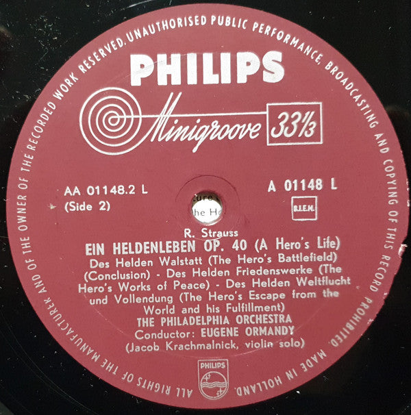 Richard Strauss - The Philadelphia Orchestra, Eugene Ormandy, Jacob Krachmalnick : Ein Heldenleben (LP, Mono)
