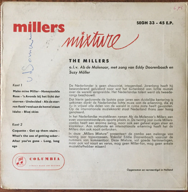 De Millers o.l.v. Ab De Molenaar met zang van Eddy Doorenbos en Suzy Möller : Millers Mixture (7", EP)