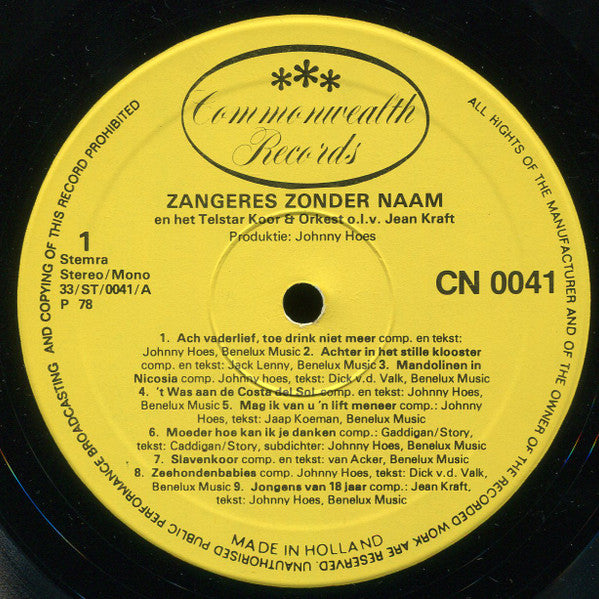 Zangeres Zonder Naam : Haar Beroemde Levensliedjes... (LP, Comp, Mono)