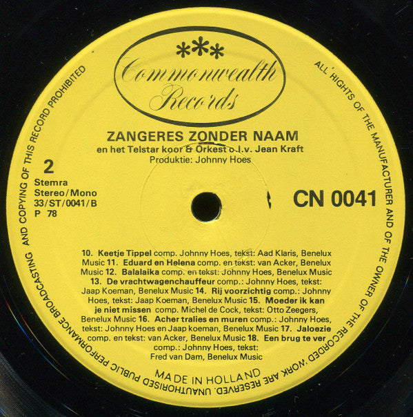 Zangeres Zonder Naam : Haar Beroemde Levensliedjes... (LP, Comp, Mono)