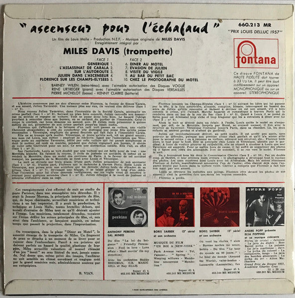 Miles Davis : Ascenseur Pour L'échafaud (10", Album, Mono, RE)