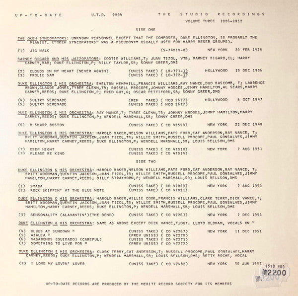 Up To Date : The Studio Recordings Volume Three 1926-1952 (12")