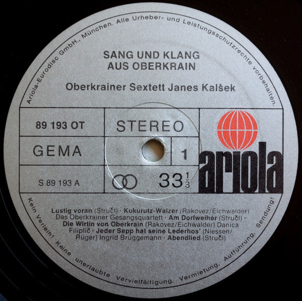 Janes Kalšek Und Sein Oberkrainer Sextett : Sang Und Klang Aus Oberkrain (LP, Album)