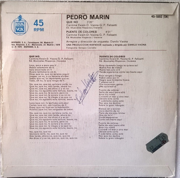 Pedro Marin : Que No (7", Single)