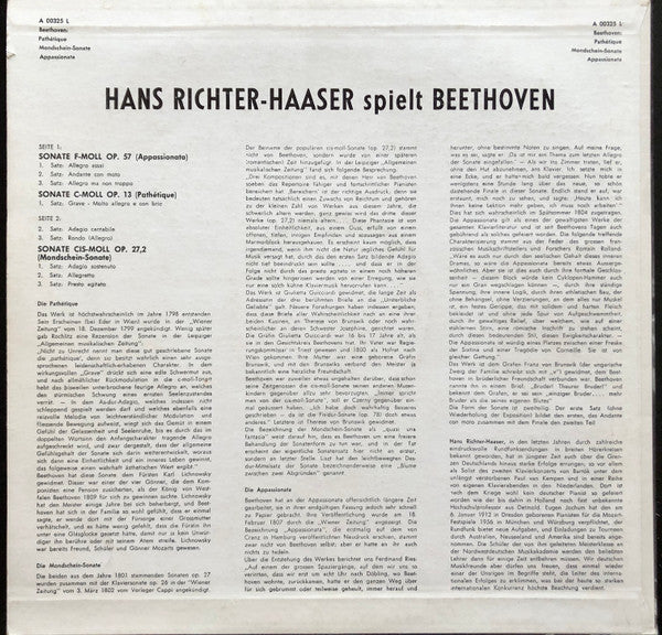 Hans Richter-Haaser , Spielt Ludwig van Beethoven : Appassionata, Pathétique, Mondscheinsonate (LP, Mono)