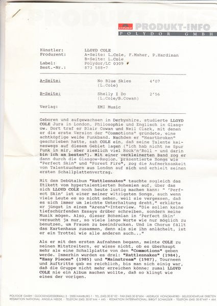 Lloyd Cole : No Blue Skies (7", Single)