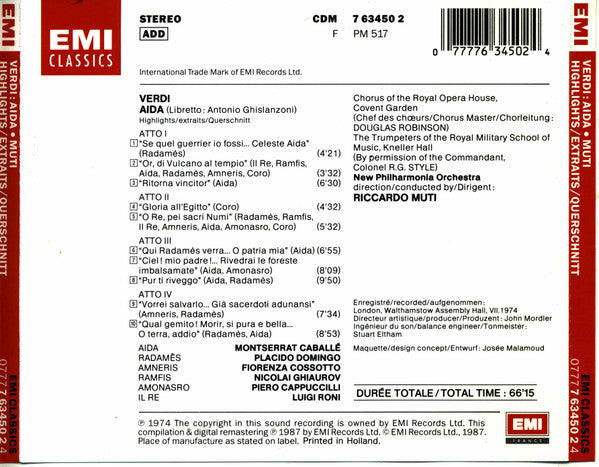 Giuseppe Verdi | Montserrat Caballé | Placido Domingo • Fiorenza Cossotto | Nicolai Ghiaurov | Piero Cappuccilli | Chorus Of The Royal Opera House, Covent Garden | New Philharmonia Orchestra | Riccardo Muti : Aida (Highlights / Extraits / Querschnitt) (CD, Comp, RM)