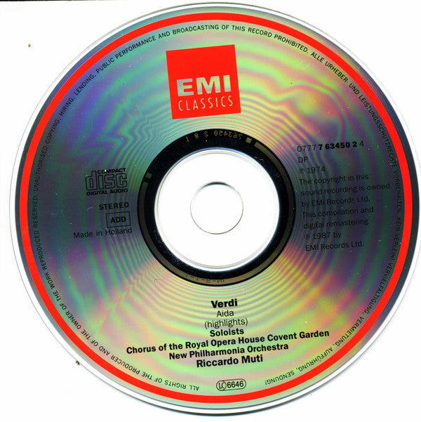 Giuseppe Verdi | Montserrat Caballé | Placido Domingo • Fiorenza Cossotto | Nicolai Ghiaurov | Piero Cappuccilli | Chorus Of The Royal Opera House, Covent Garden | New Philharmonia Orchestra | Riccardo Muti : Aida (Highlights / Extraits / Querschnitt) (CD, Comp, RM)