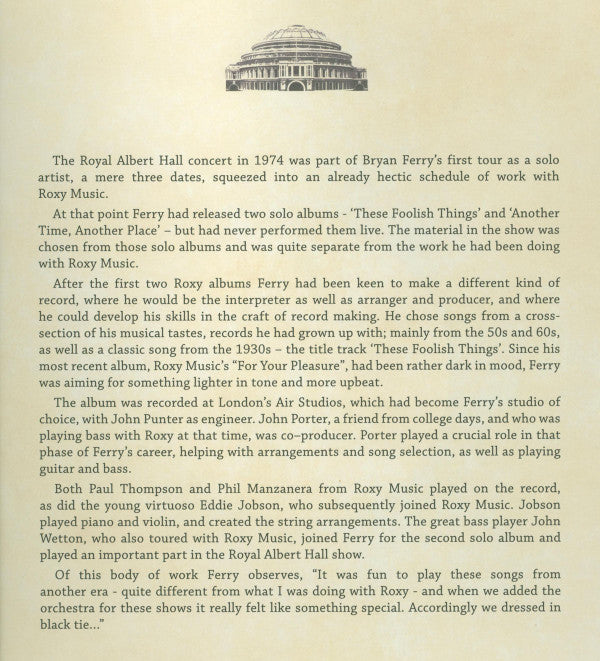 Bryan Ferry : Live At The Royal Albert Hall 1974 (LP, Album)