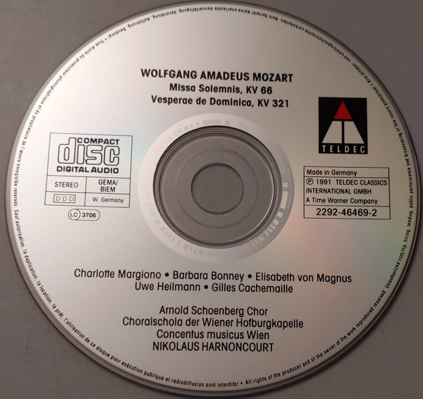 Wolfgang Amadeus Mozart, Charlotte Margiono, Barbara Bonney, Elisabeth Von Magnus, Uwe Heilmann, Gilles Cachemaille, Arnold Schoenberg Chor, Concentus Musicus Wien, Nikolaus Harnoncourt : Mozart: Missa "Dominicus" ; Vesperae De Dominica ; Harnoncourt (CD, Album, RE)