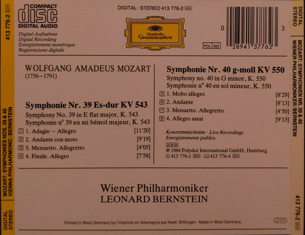 Wolfgang Amadeus Mozart, Wiener Philharmoniker, Leonard Bernstein : Symphonien No.39•No.40 (CD, Album, RE, RP)