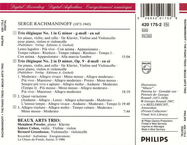 Sergei Vasilyevich Rachmaninoff - Beaux Arts Trio : The «Elegiac» Piano Trios (CD, Album, RE)