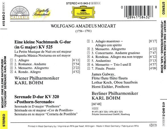 Wolfgang Amadeus Mozart - Wiener Philharmoniker, Berliner Philharmoniker, Karl Böhm : Eine Kleine Nachtmusik / "Posthorn" Serenade (CD, Album, RE, RM)