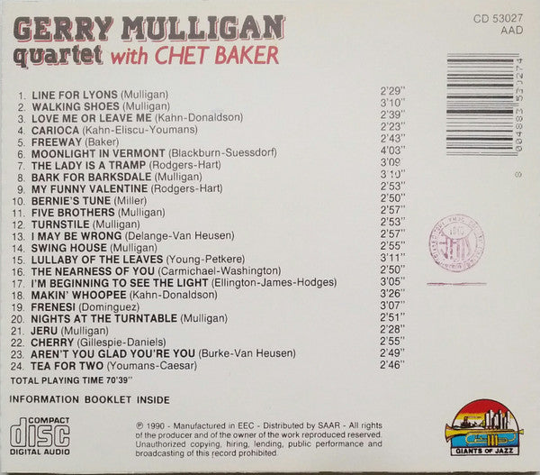 Gerry Mulligan Quartet With Chet Baker : Gerry Mulligan Quartet With Chet Baker (CD, Comp, RE)