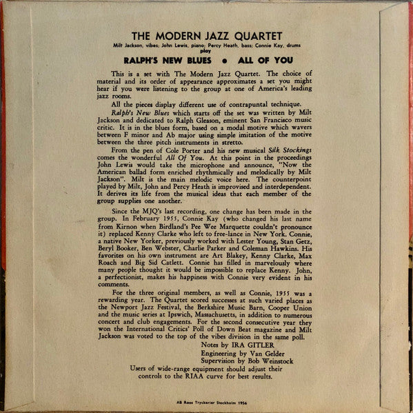 The Modern Jazz Quartet : Ralph's New Blues / All Of You (7", EP)