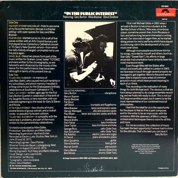 Michael Gibbs & Gary Burton : In The Public Interest (LP, Album)