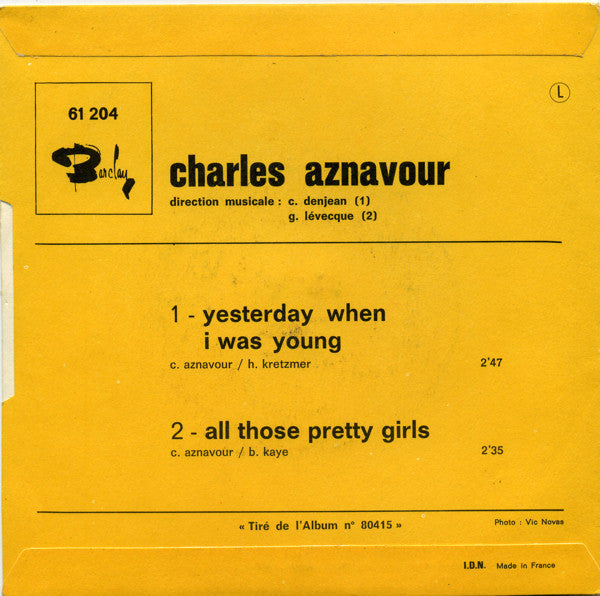 Charles Aznavour : Yesterday, When I Was Young (7", Single)
