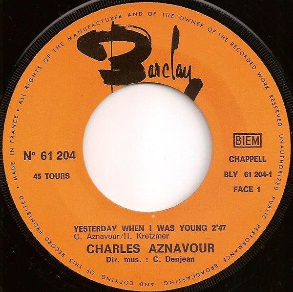 Charles Aznavour : Yesterday, When I Was Young (7", Single)