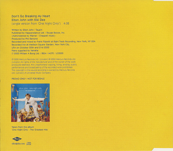 Elton John + Kiki Dee : Don't Go Breaking My Heart (CD, Single, Promo)