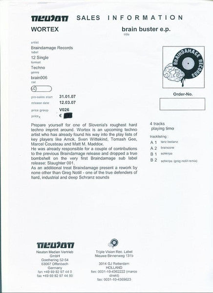 Wortex : Brain Buster E.P. (12", EP, Promo, W/Lbl)
