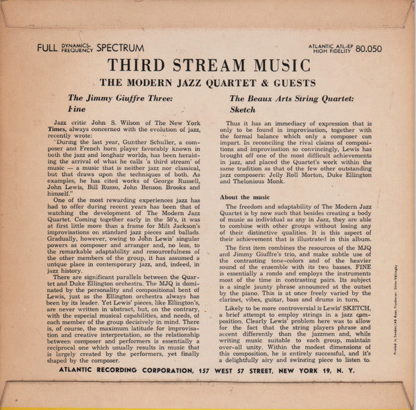 The Modern Jazz Quartet : Third Stream Music (7")
