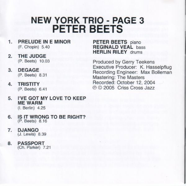 Peter Beets : New York Trio - Page 3 (CD, Album)