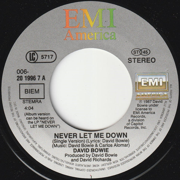 David Bowie : Never Let Me Down (Single Version) (7", Single)