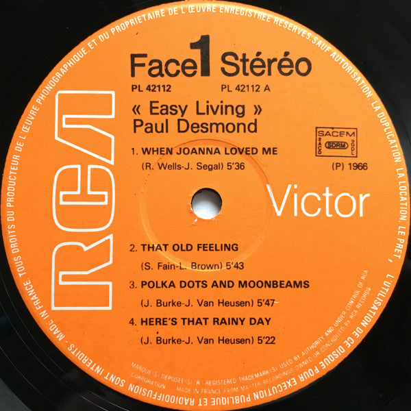 Paul Desmond : Easy Living (LP, Album, RE)