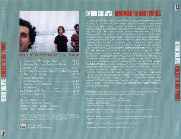 Oxford Collapse : Remember The Night Parties (CD, Advance, Album, Promo)