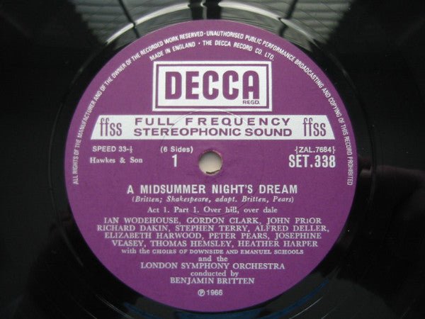 Benjamin Britten - Alfred Deller • Elizabeth Harwood • Peter Pears • Thomas Hemsley • Josephine Veasey • Heather Harper • Stephen Terry • John Shirley-Quirk • Helen Watts • Owen Brannigan • Norman Lumsden • Kenneth MacDonald • David Kelly (7) • Robert Tea : A Midsummer Night's Dream (3xLP, Album, RE + Box)