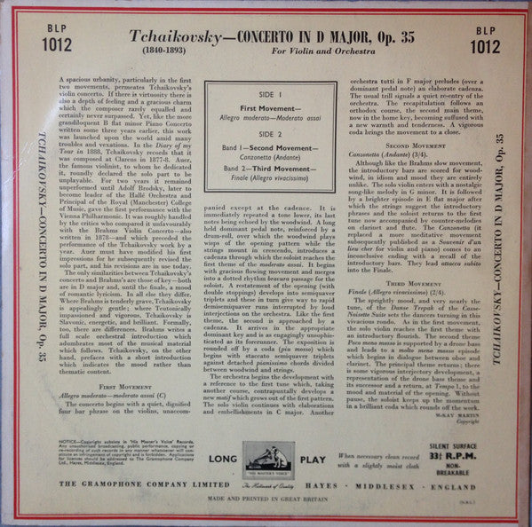 Pyotr Ilyich Tchaikovsky, Jascha Heifetz And Philharmonia Orchestra Conducted by Walter Susskind : Violin Concerto In D Major (10", Gat)