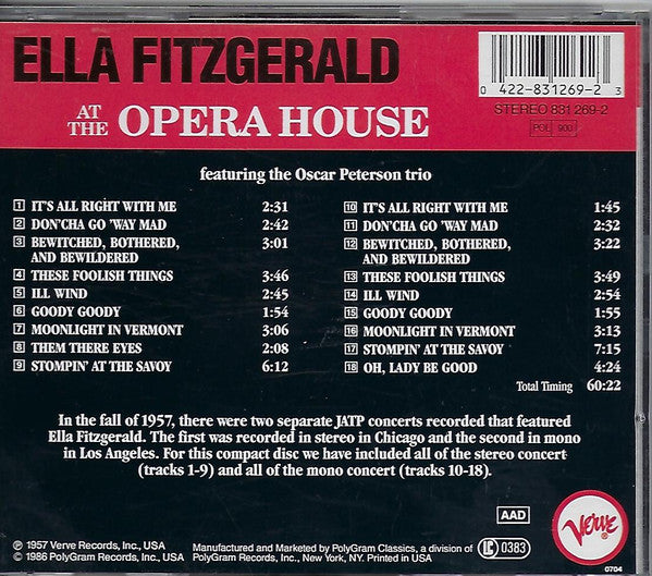 Ella Fitzgerald : Ella Fitzgerald At The Opera House (CD, Album, RE, RM)