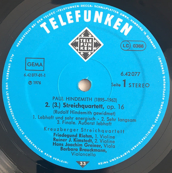 Paul Hindemith, Kreuzberger Streichquartett : Streichquartette Op.16 & Op.22 (LP, Album, RP, Gat)