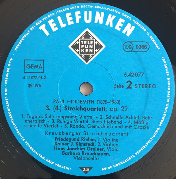 Paul Hindemith, Kreuzberger Streichquartett : Streichquartette Op.16 & Op.22 (LP, Album, RP, Gat)