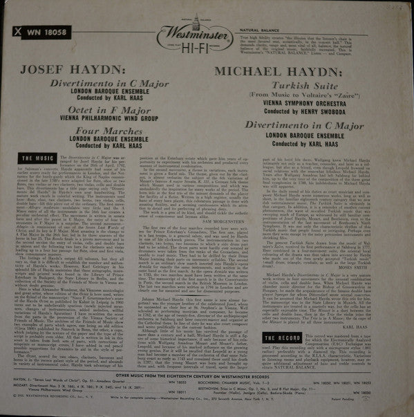 Joseph Haydn, Michael Haydn, Karl Haas, Henry Swoboda : Josef Haydn Divertimento in C Major- Four Marches conducted by Karl haas/Michael Haydn Turkish Suite (LP)