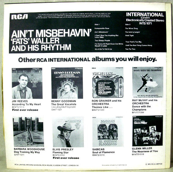 "Fats" Waller And His Rhythm* : Ain't Misbehavin' (LP, Comp, RE)
