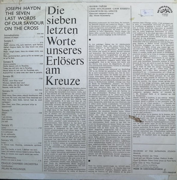 Joseph Haydn, Prague Chamber Orchestra, Milan Munclinger : Die Sieben Letzten Worte Unseres Erlösers Am Kreuze (LP, Blu)