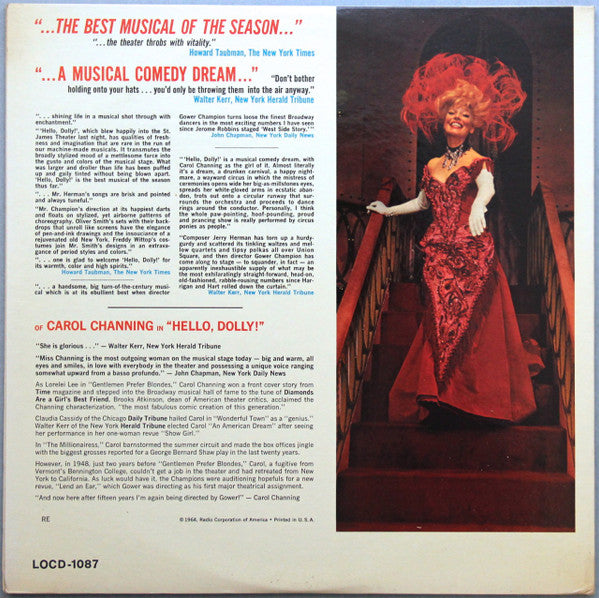 Jerry Herman / Starring Carol Channing Also Starring David Burns (6) With Eileen Brennan, Sondra Lee And Charles Nelson Reilly Presented By David Merrick (2) : Hello, Dolly! (The Original Broadway Cast Recording) (LP, Album, Mono, RP, Ind)