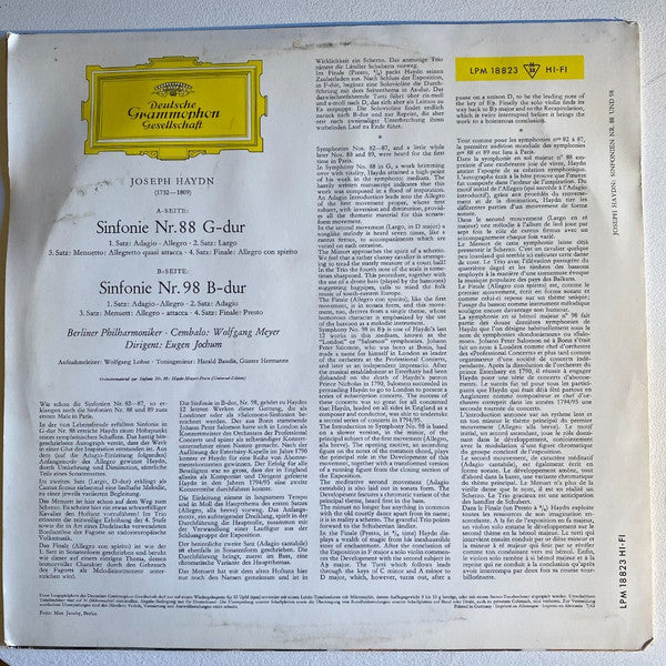 Joseph Haydn, Berliner Philharmoniker, Eugen Jochum : Sinfonien Nr. 88 G-Dur Und Nr. 98 B-Dur (LP, Mono)