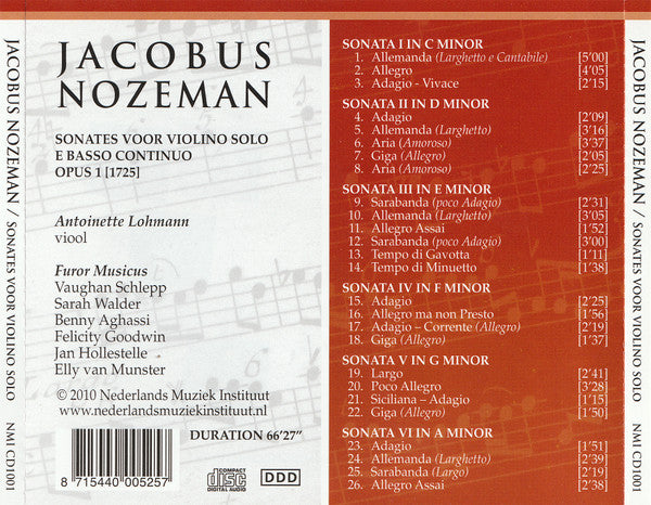 Jacobus Nozeman, Antoinette Lohmann & Furor Musicus : Sonates Voor Violino Solo E Basso Continuo Opus 1 (CD, Album)