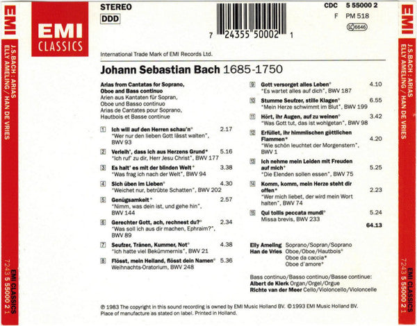 Johann Sebastian Bach - Elly Ameling, Han de Vries, Albert De Klerk, Richte van der Meer : Aria's From Cantates For Soprano, Oboe En B.C. (CD, Album)