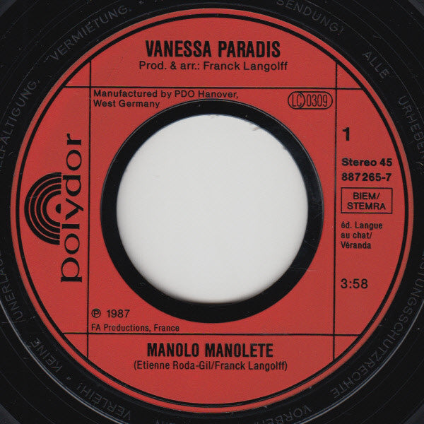 Vanessa Paradis : Manolo Manolete (7", Single)