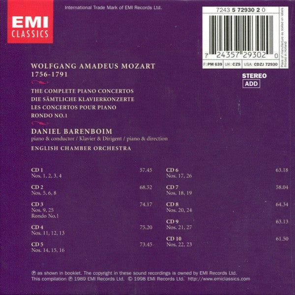 Wolfgang Amadeus Mozart, Daniel Barenboim, English Chamber Orchestra : The Complete Piano Concertos = Die Sämtliche Klavierkonzerte = Les Concertos Pour Piano (10xCD, RM + Box, Comp, RE)