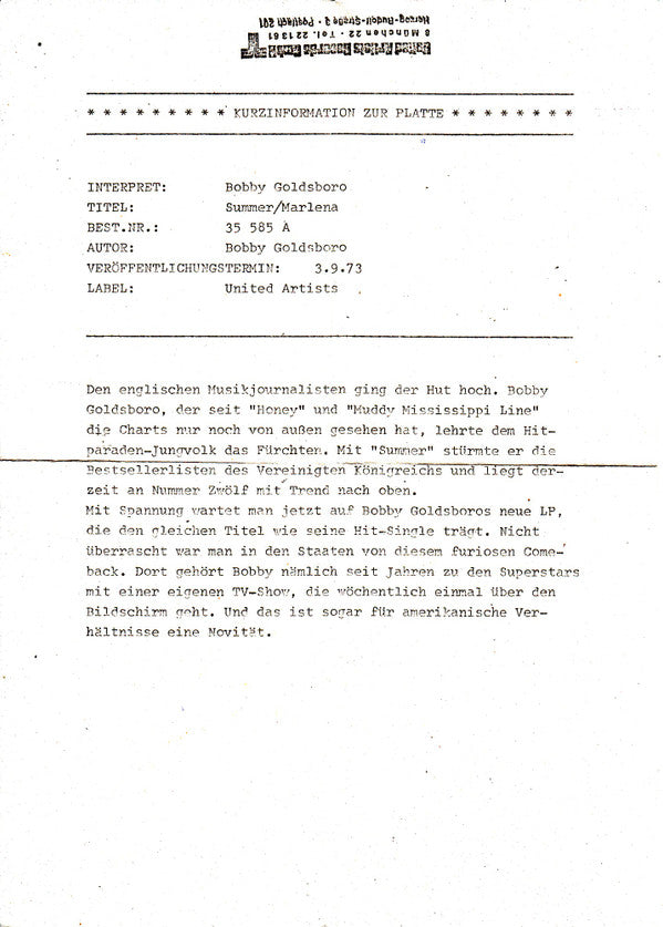 Bobby Goldsboro : Summer (The First Time) (7", Single)