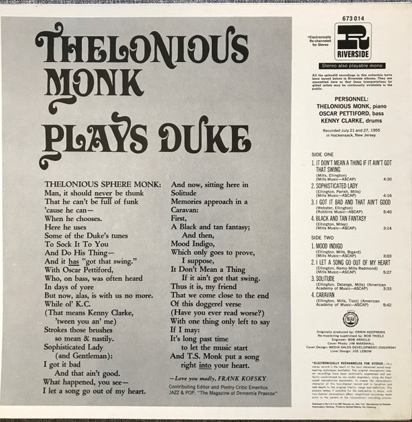 Thelonious Monk : Thelonious Monk Plays Duke (LP, Album, RE, RM)