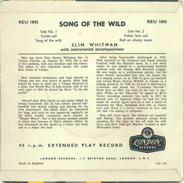 Slim Whitman : Song Of The Wild (7", EP)