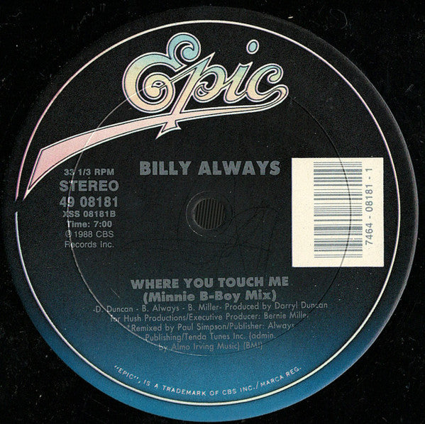 Billy Always : Where You Touch Me (12", Single)