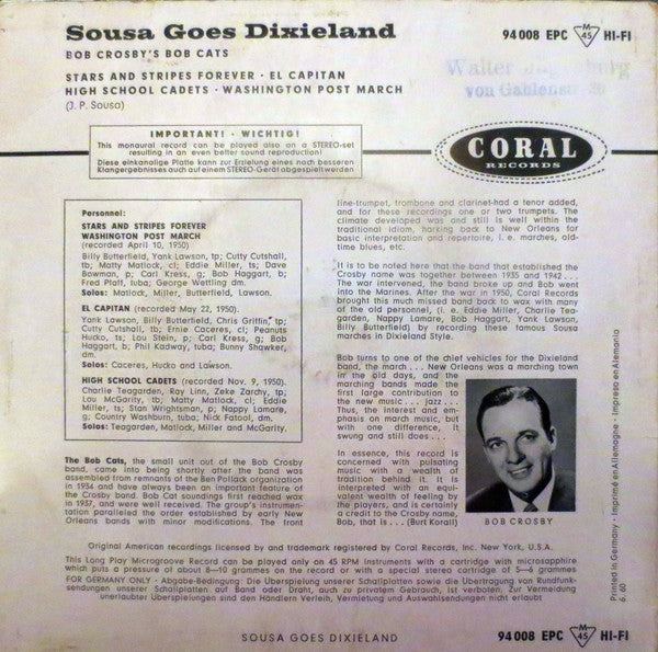Bob Crosby And The Bob Cats : Sousa Goes Dixieland (7", EP, Mono, RP)