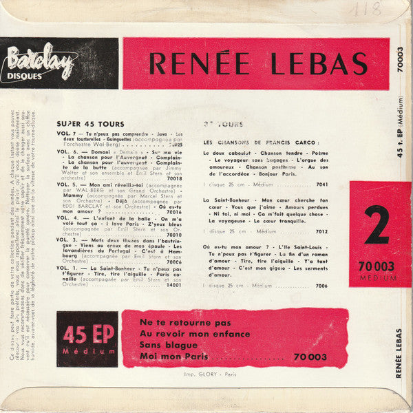 Renée Lebas Accompagnée Par Jimmy Walter Et Son Orchestre : 2 - Ne Te Retourne Pas (7", EP)